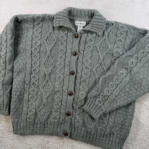 Vintage LL Bean Sweater Womens XL Green Cable Knit Cardigan 100% Wool Ireland